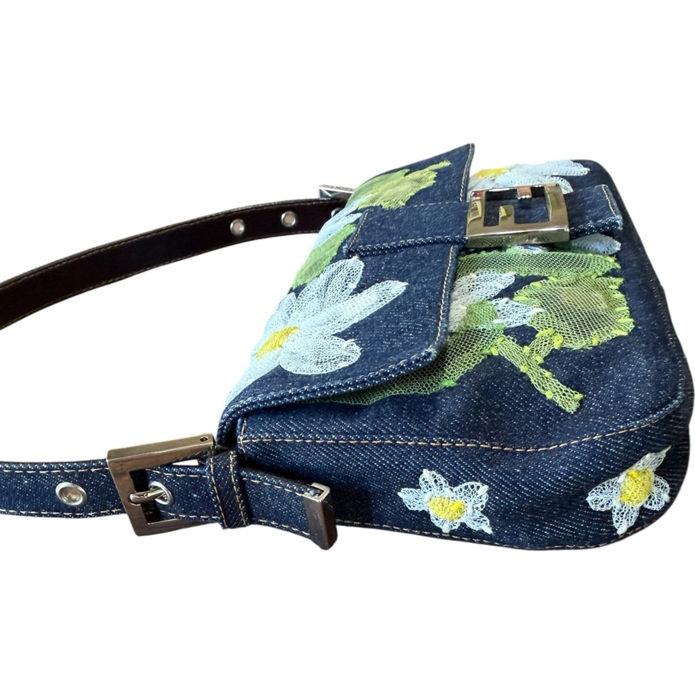Vintage Fendi Daisy Embroidered Denim Baguette Flower Mesh Appliqué Y2K Bag - Picture 5 of 16
